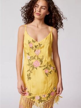 Urban Outfitters Yellow Floral Embroidered Slip Dress